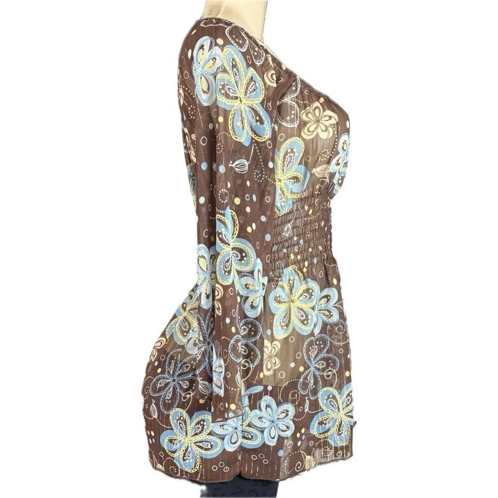 Jordache M Jrs Sheer Brown Floral Shirred Waist 3/4 Sleeve On/Off Shoulder Top - Picture 3 of 6